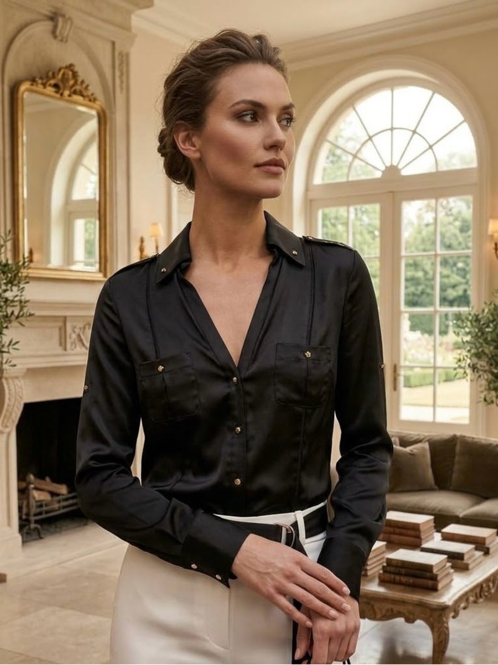 White House Black Market Classic Black Satin Button-Up Shirt - Women